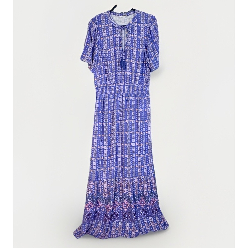 Knox Rose Maxi Dress Purple Coral Block Print LG Pocket Tier Ruffle Short Sleeve